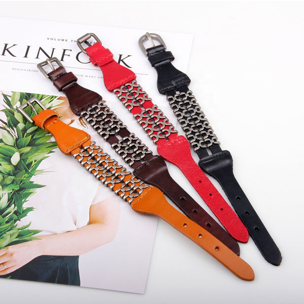 Unisex male female leather wristband adjustable metal bracelet strap tan brown red black