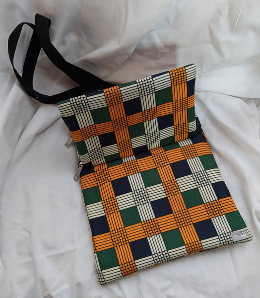 Ankara Cotton shoulder zipper pockets hand bag. orange black cream green