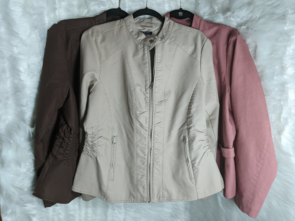 Women's light weight and waterproof jackets.  Shell: 100% polyurethane leather and Inner Lining: 100% polyester