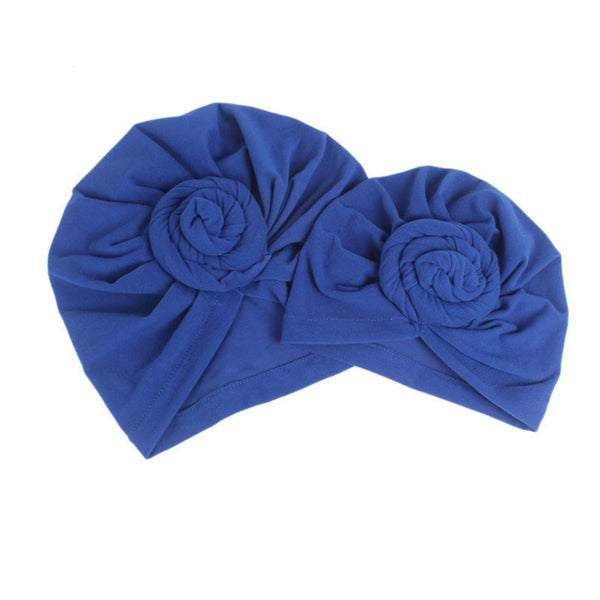 Cotton stretchable stylish one size fits adjustable flat knot hat cap royal blue adult female parent mother child