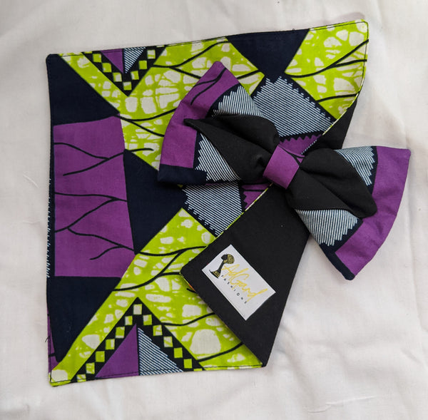 Multi 1 African Ankara cotton fabric pretied clip on bowtie with handkerchief. Matching face mask sold separately. purple black lime green white