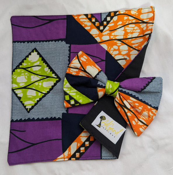 Multi 2 African Ankara cotton fabric pretied clip on bowtie with handkerchief. Matching face mask sold separately. purple black lime green white orange