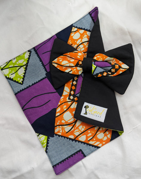 Multi 3 African Ankara cotton fabric pretied clip on bowtie with handkerchief. Matching face mask sold separately. purple black lime green white orange