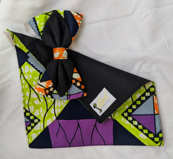 Multi 4 African Ankara cotton fabric pretied clip on bowtie with handkerchief. Matching face mask sold separately.purple black lime green white orange 