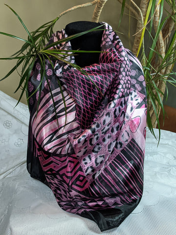 Colorful silky scarves made of 100% polyester, can be worn for any occasion.  Measurement: 40 inches x 40 inches