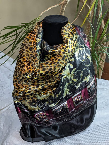 Colorful silky scarves made of 100% polyester, can be worn for any occasion.  Measurement: 40 inches x 40 inches