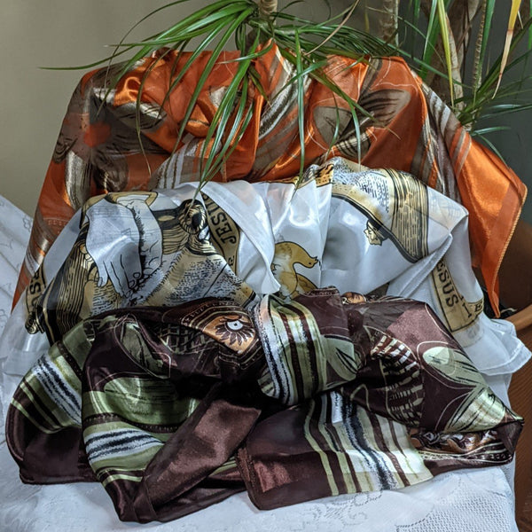 Colorful silky scarves made of 100% polyester, can be worn for any occasion.  Measurement: 40 inches x 40 inches
