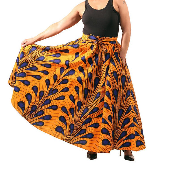 Ankara cotton fabric Maxi blue gold Peacock skirt with attached belt. Matching handbag and face mask sold separately. 