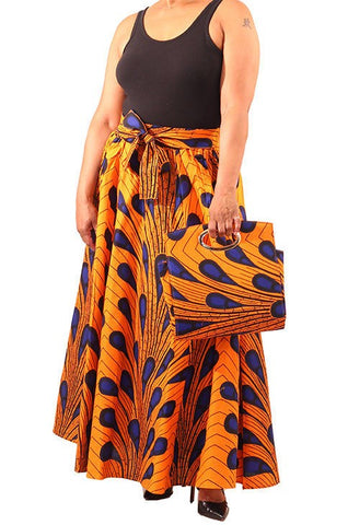 Ankara cotton fabric blue gold Peacock handbag. Matching maxi skirt with attached belt and face mask sold separately. 