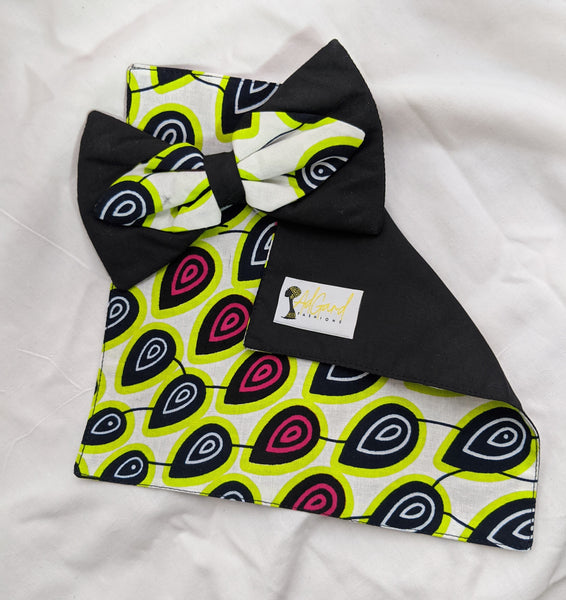 Peacock 1 African Ankara cotton fabric pretied clip on bowtie with handkerchief. Matching face mask sold separately. tear drops white black pink lime green