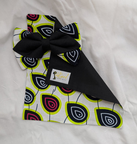 Peacock 4 African Ankara cotton fabric pretied clip on bowtie with handkerchief. Matching face mask sold separately. tear drops white black pink lime green