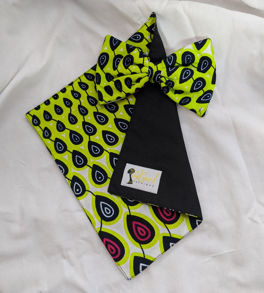 Peacock 5 African Ankara cotton fabric pretied clip on bowtie with handkerchief. Matching face mask sold separately. tear drops white black pink lime green