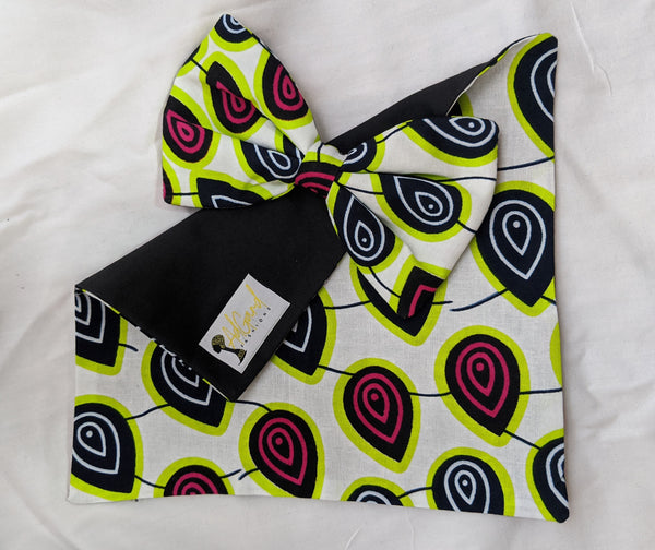 Peacock 7 African Ankara cotton fabric pretied clip on bowtie with handkerchief. Matching face mask sold separately. tear drops white black pink lime green