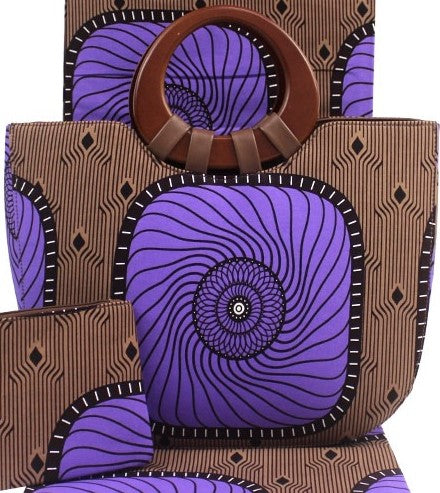 Ankara Cotton fabric with wooden handle hand bag pocketbook with matching face mask, wallet, head tie, head wrap and shawl sold separately purple brown