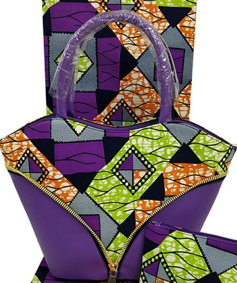 Ankara Cotton fabric with synthetic leather handle hand bag pocketbook with matching face mask, head tie, head wrap and shawl sold separately purple orange lime green black white