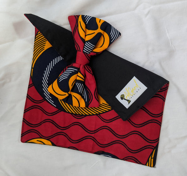 Red Gold 2 African Ankara cotton fabric pretied clip on bowtie with handkerchief 