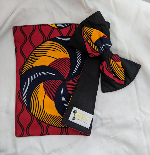 Red Gold 3 African Ankara cotton fabric pretied clip on bowtie with handkerchief