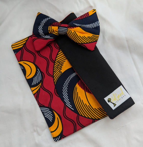 Red Gold 4 African Ankara cotton fabric pretied clip on bowtie with handkerchief