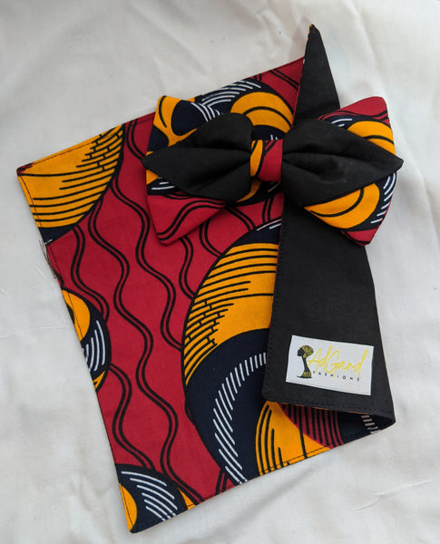 Red Gold 5 African Ankara cotton fabric pretied clip on bowtie with handkerchief