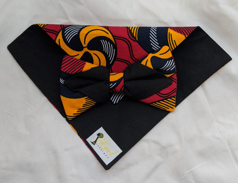 Red Gold Black 6 African Ankara cotton fabric pretied clip on bowtie with handkerchief.