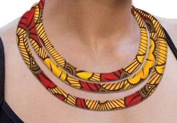 Red Gold Yellow Black African Print Ankara cotton Fabric material magnetic tri-layer necklace. Matching earrings, bracelets and clutch bag sold separately. 