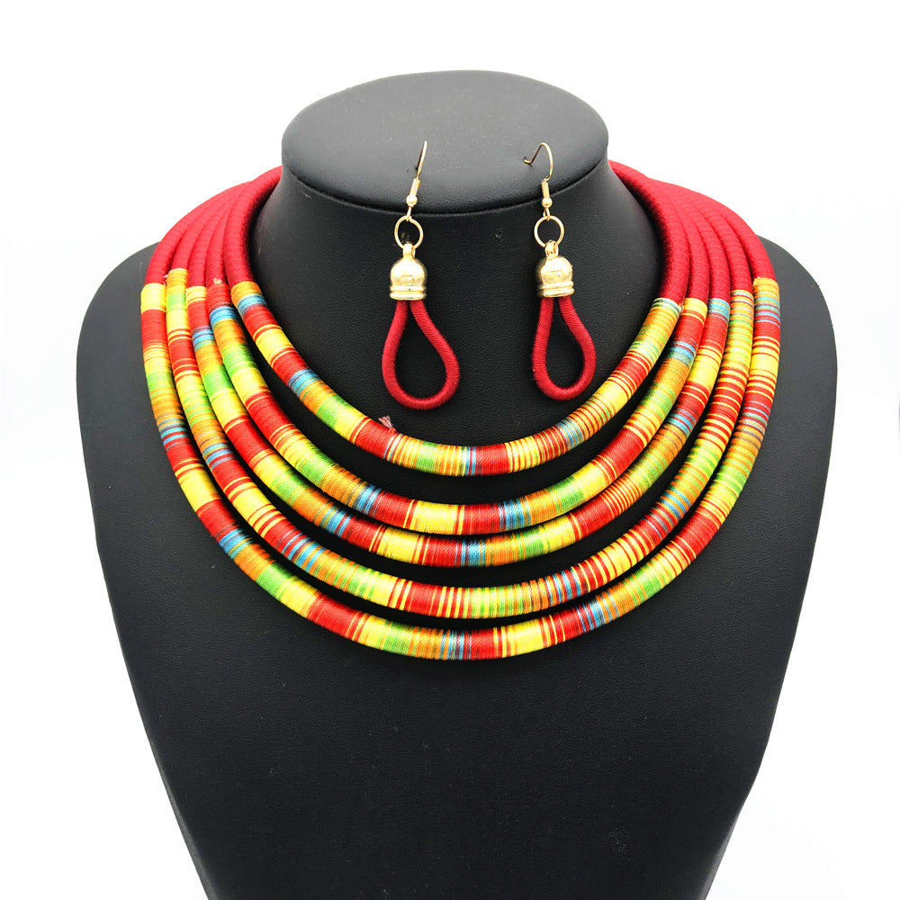 Red multilayer colorful fabric choker jewelry set
