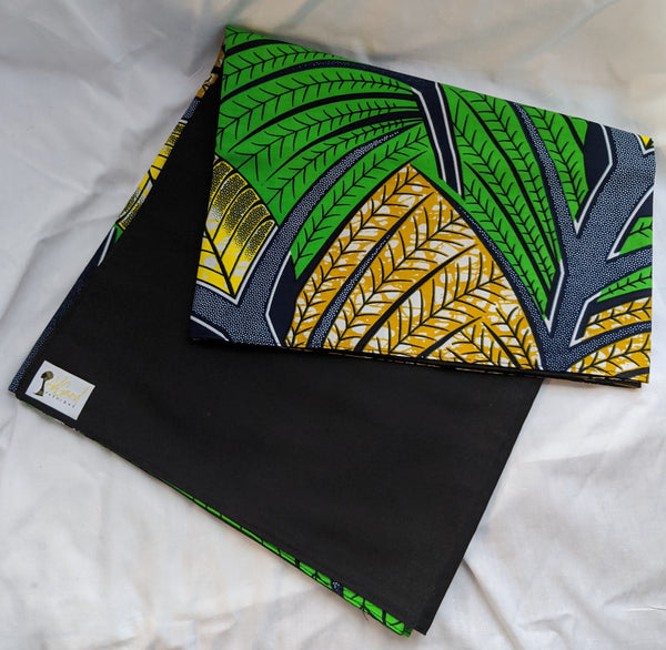 Colorful Ankara cotton fabric reversible shawl. Can create your own head tie matching face mask tropical green gold yellow black blue