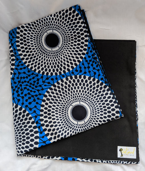 Colorful Ankara cotton fabric reversible shawl. Can create your own head tie matching face mask, hand bag, pocketbook. blue black white