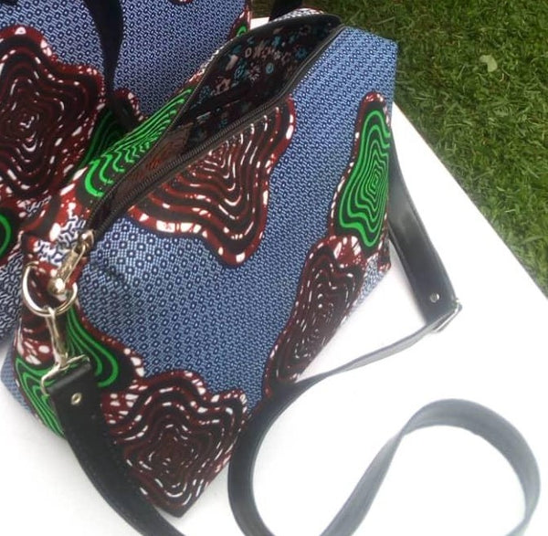 Colorful casual hand bag cotton material with synthetic Leather strap green blue brown 