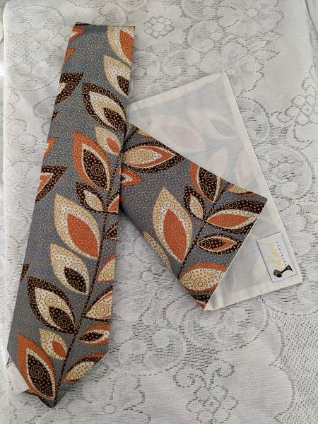 African Ankara cotton fabric necktie with handkerchief. Matching face mask sold separately. gray peach cream brown gold