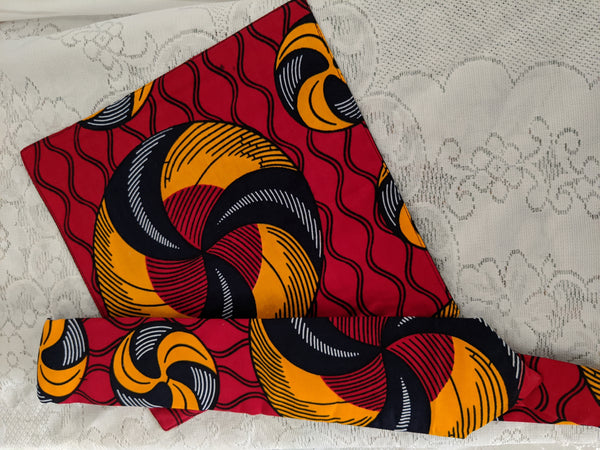 African Ankara cotton fabric necktie with matching handkerchief. red gold white