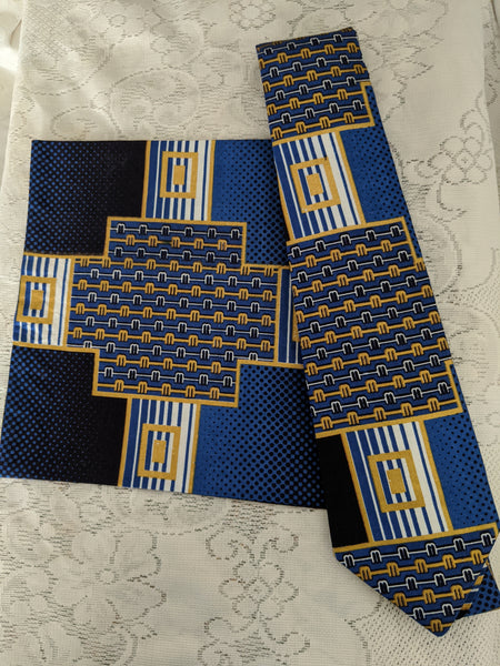 African Ankara cotton fabric necktie with handkerchief. Matching face mask sold separately. blue black gold white