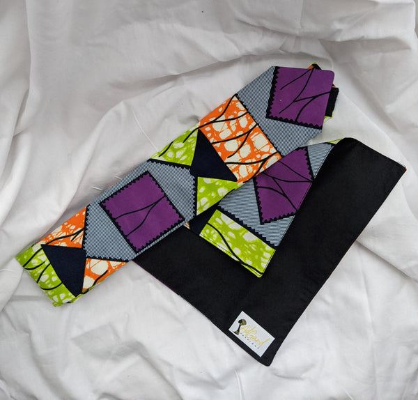 African Ankara cotton fabric necktie with handkerchief. Matching face mask sold separately. purple green orange blue black white