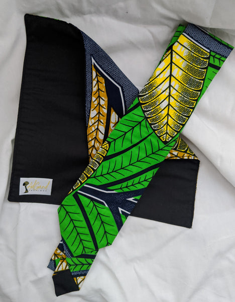 African Ankara cotton fabric necktie with handkerchief. Matching face mask sold separately. tropical green gold yellow blue black white