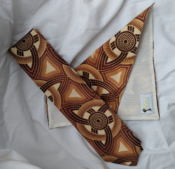 African Ankara cotton fabric necktie with handkerchief. Matching face mask sold separately. brown gold cream tan