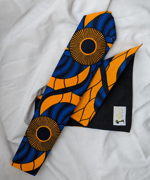 African Ankara cotton fabric necktie with matching handkerchief. blue gold black
