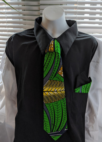 African Ankara cotton fabric necktie with handkerchief. Matching face mask sold separately. tropical green blue gold black white