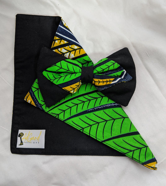 Tropical 1 African Ankara cotton fabric pretied clip on bowtie with handkerchief. Matching face mask sold separately. tropical green blue gold black white