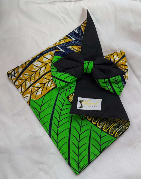 Tropical 2 African Ankara cotton fabric pretied clip on bowtie with handkerchief. Matching face mask sold separately. tropical green blue gold black white