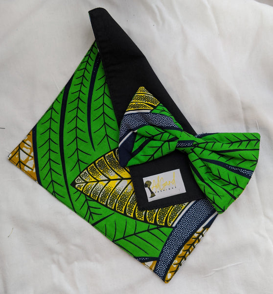 Tropical 3 African Ankara cotton fabric pretied clip on bowtie with handkerchief. Matching face mask sold separatelytropical green blue gold black white. 