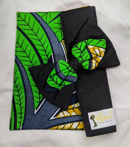 Tropical 4 African Ankara cotton fabric pretied clip on bowtie with handkerchief. Matching face mask sold separately. tropical green blue gold black white