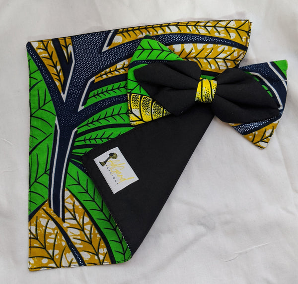 Tropical 5 African Ankara cotton fabric pretied clip on bowtie with handkerchief. Matching face mask sold separately. tropical green blue gold black white