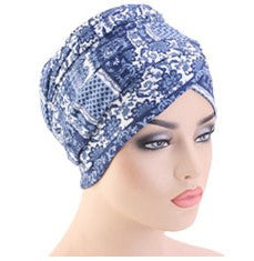 Cotton stretchable material design tube head wrap head tie turban blue white
