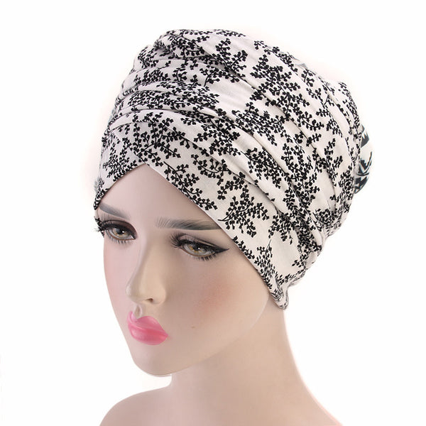 Cotton stretchable material design tube head wrap head tie turban white black flowers 