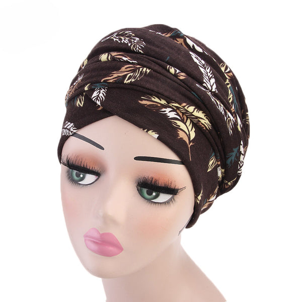 Cotton stretchable material feather design tube head wrap head tie turban brown 