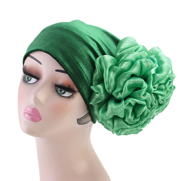 Velvet stretcable stylish flower one size fits adjustable hat cap green