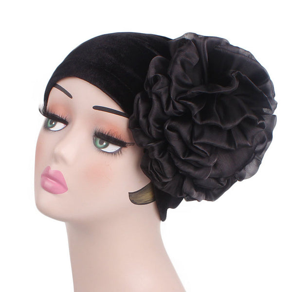 Velvet stretcable stylish flower one size fits adjustable hat cap black