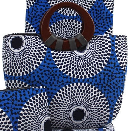 Ankara Cotton fabric with wooden handle hand bag pocketbook with matching face mask, head tie, head wrap and shawl sold separately blue black white