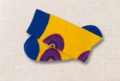Unisex male female colorful cotton lycra good quality fabric blue yellow circles design socks