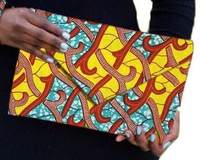 Yellow Red blue African Print Ankara cotton Fabric material Clutch bag. Matching earrings, bracelet and necklace sold separately. 